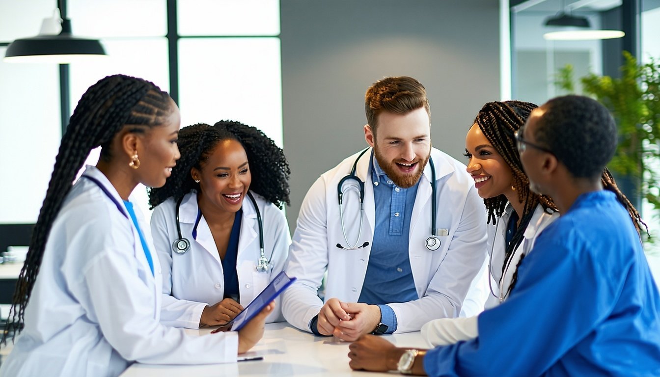 A diverse group of healthcare professionals collab